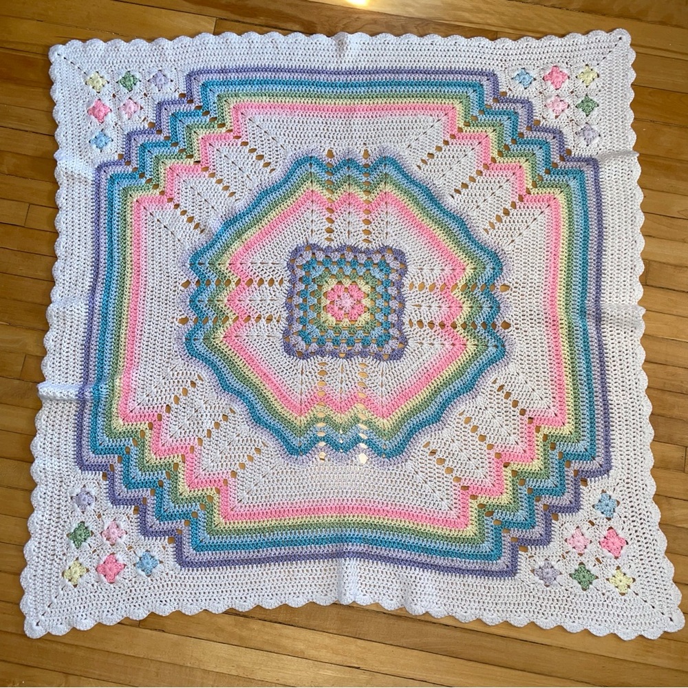 Crochet Handmade Pastel Rainbow Baby Blanket Corner Flower Detail Nursery 36X36